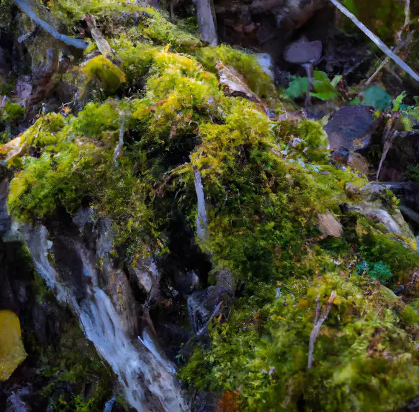 Närbild Ett Träd Log Täckt Mossa Solljuset Med Suddig Bakgrund — Stockfoto