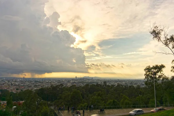 Beautiful Cityscape Lush Trees Clouds Background People Enjoying View — Stock Photo, Image