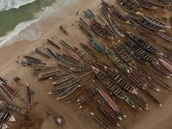 Luftaufnahme Vieler Angedockter Fischerboote Sand Des Port Peche Nouakchott Mauretanien — Stockfoto