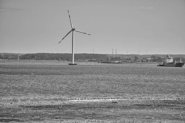 Сірий Знімок Вітрової Турбіни Відкритому Полі — стокове фото