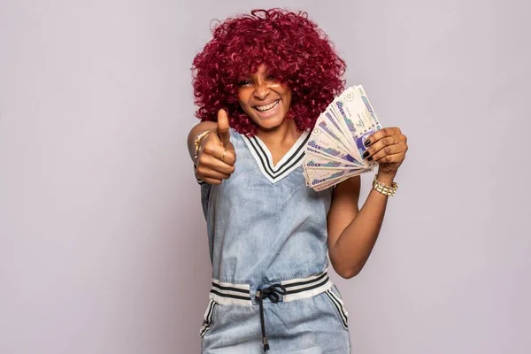 Excited Happy African Lady Flaunting Money — Stock Photo, Image