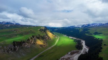 Nehir kenarındaki yeşil çayırlar ve karlı bir dağ.