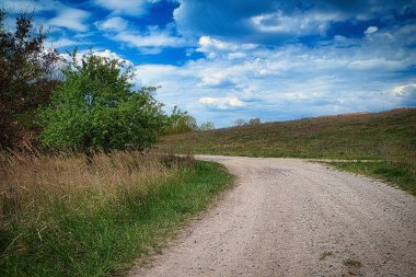 Bulutlu bir gökyüzünün altındaki kırsal bir bölgede toprak bir yol.