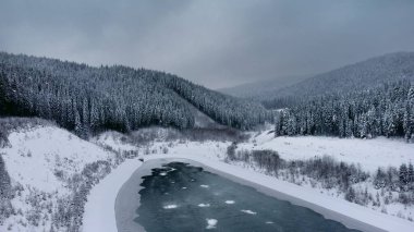 Donmuş bir göl ve çam ağaçlarıyla çevrili karla kaplı kayak yamaçlarının yüksek açılı görüntüsü.