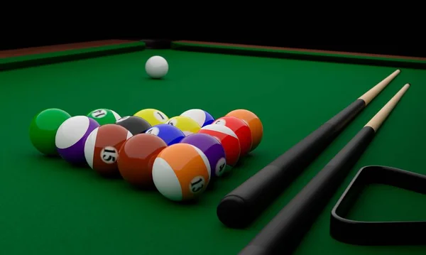 A 3D, low angle illustration of a green pool table with two billiard cue sticks and colorful balls