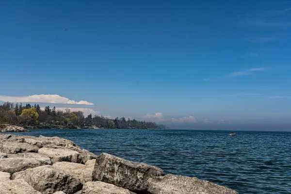 Спокойное Море Деревьями Домами Берегу — стоковое фото