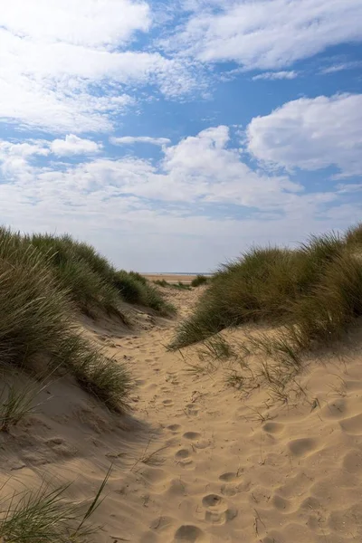 Una Spiaggia Sabbia Una Giornata Sole — Foto Stock