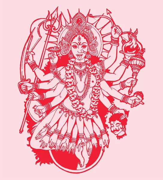 赤の背景にインドの宗教のカリの女神のイラスト — ストックベクタ