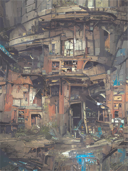 Digital painting of destroyed buildings