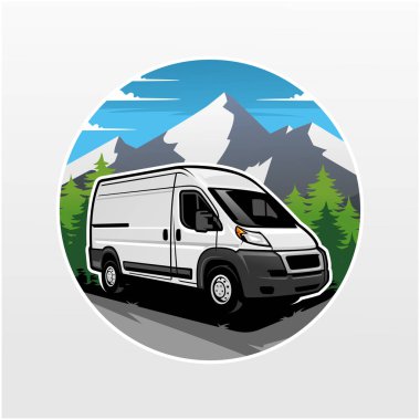 Dağ ve çam ormanları olan karavan kamp arabası, çizim ve logo için en iyisi..