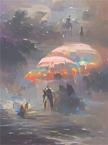 在雨中拿着雨伞的人的数码绘画 — 图库矢量图片