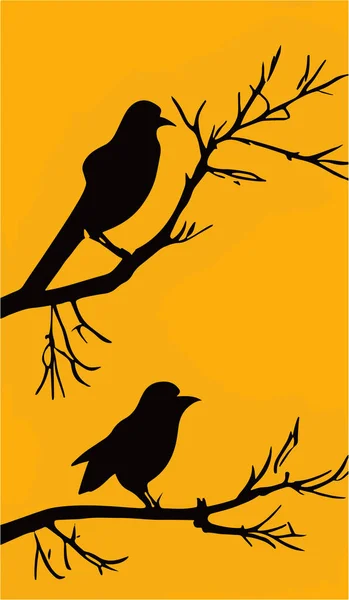 Siluety Dvou Ptáků Větvemi Stromů Izolovaných Oranžovém Svislém Pozadí — Stockový vektor