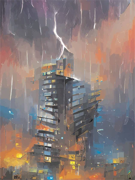 Vista Cidade Tempestade Noite —  Vetores de Stock