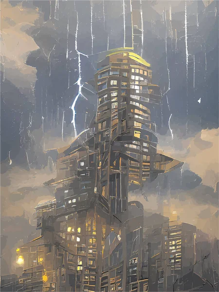 Vista Ciudad Tormenta Por Noche — Vector de stock