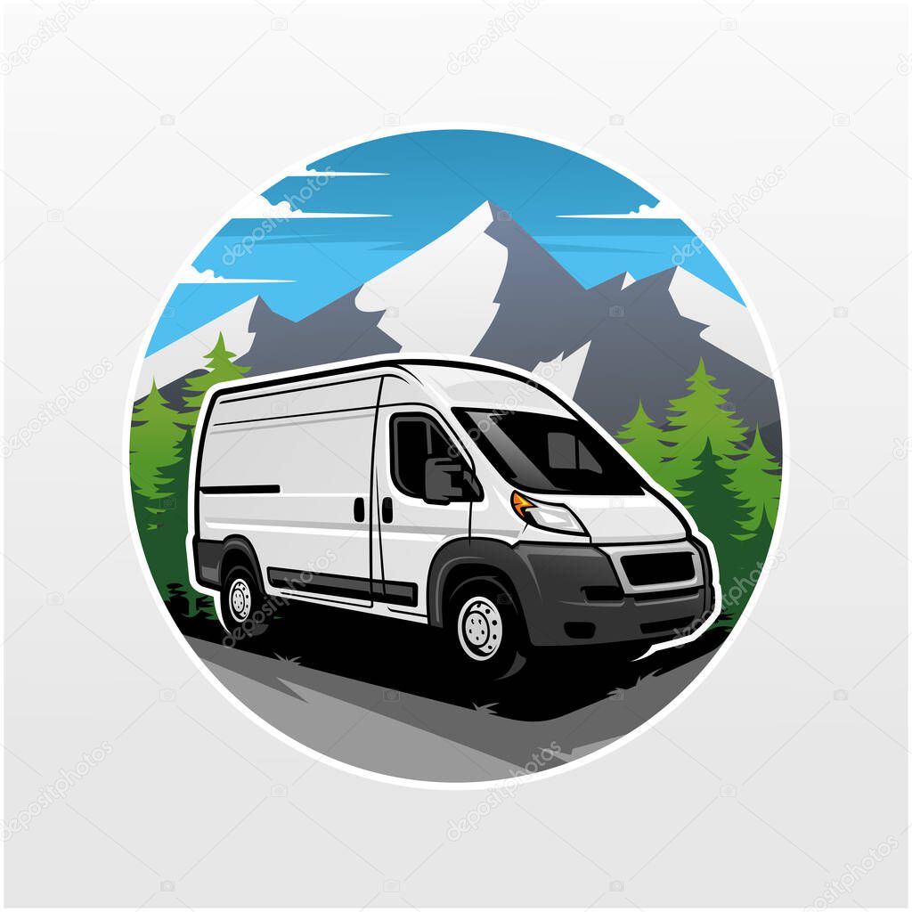 RV camping car with mountain and pine forest, best for illustration and logo.