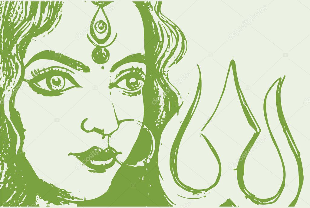 An illustration of the Durga goddess of Indian religion on the green background