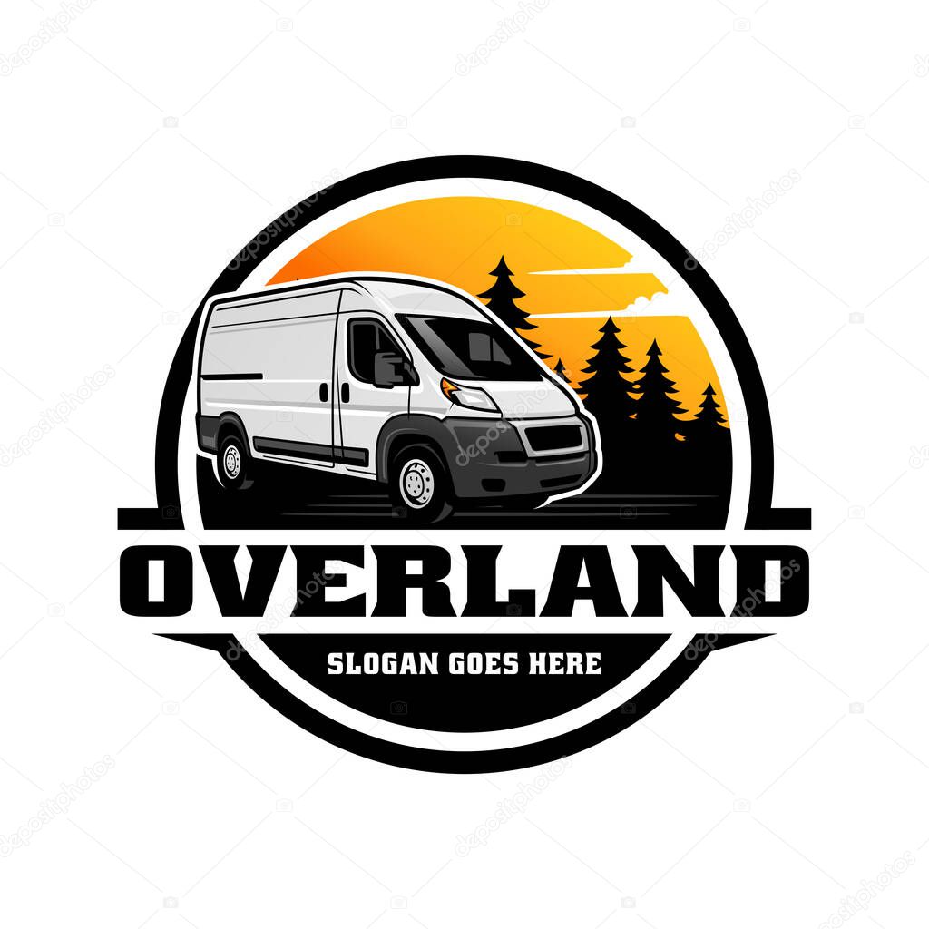 RV camping car with mountain and pine forest, best for illustration and logo.