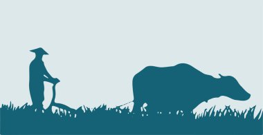 Mavi arka planda boğaları olan bir çiftçi ve Azrail 'in çizimi.