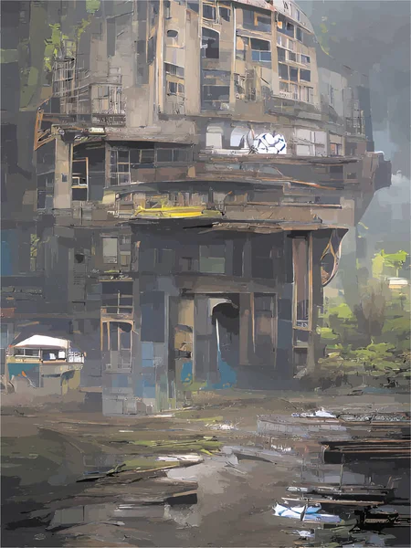 Digital Painting Destroyed Buildings — Stock Vector