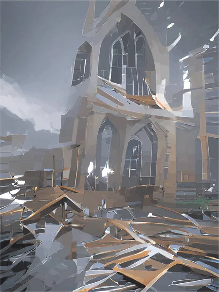 Schilderen Van Een Verwoeste Kerk — Stockvector