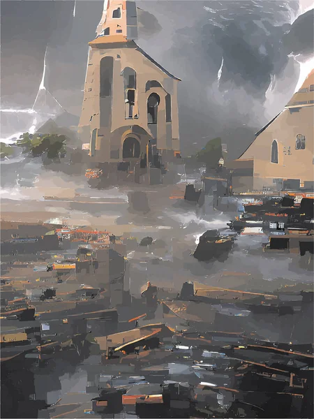 Pintura Una Iglesia Destruida — Vector de stock