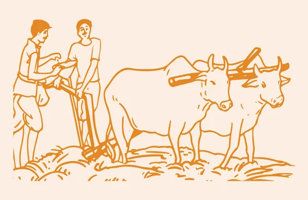 Illustration Plowmen Reaper Bulls Green Background — Stock Vector