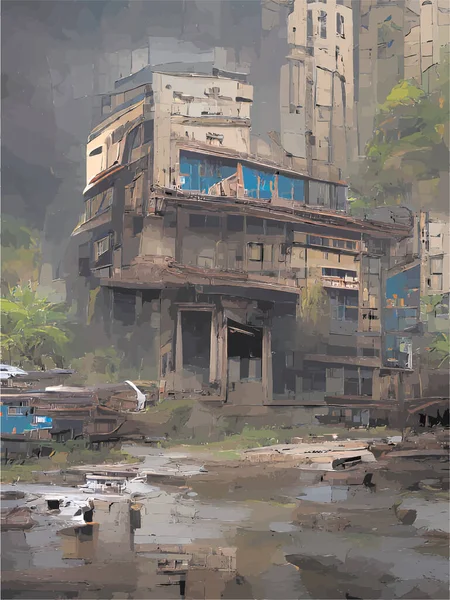 Digital Målning Förstörda Byggnader — Stock vektor