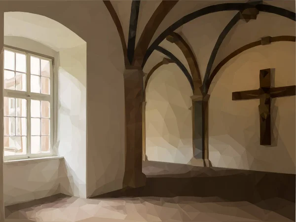 Uma Ilustração Baixo Estilo Poli Interior Mosteiro Com Uma Cruz — Vetor de Stock