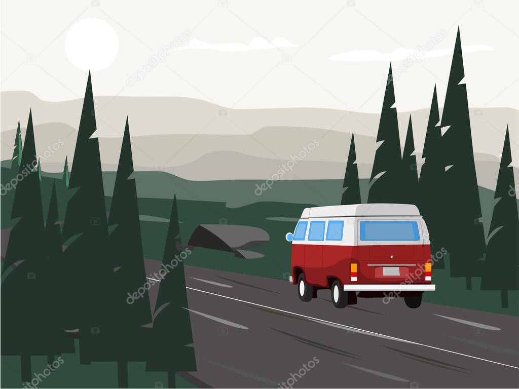 A red bus driving on the street surrounded by fir trees, vector