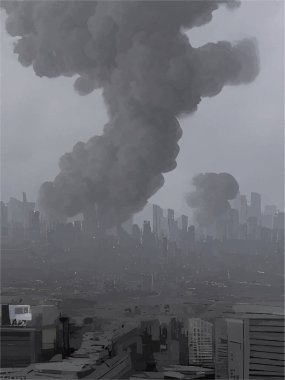 tütsülenmiş bir şehrin gri ölçekli görüntüsü