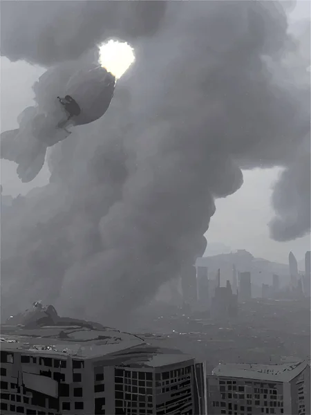 Tütsülenmiş Bir Şehrin Gri Ölçekli Görüntüsü — Stok Vektör