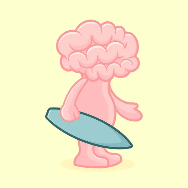 Ein Rosa Cartoon Gehirn Hält Ein Surfbrett Isoliert Auf Gelbem — Stockvektor