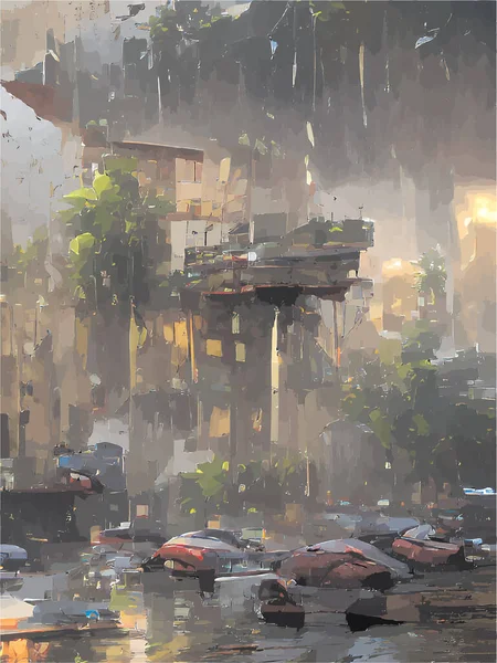 Peinture Numérique Une Personne Avec Parapluie Sous Pluie — Image vectorielle