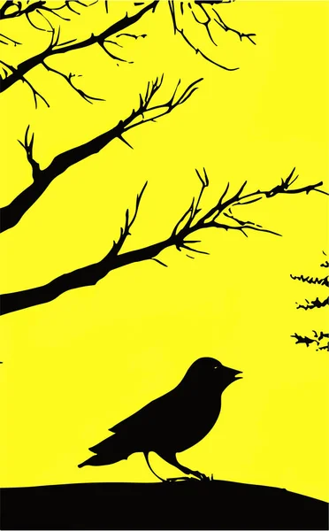 Μια Σιλουέτα Πουλιού Κλαδιά Δέντρων Απομονωμένα Κίτρινο Κατακόρυφο Φόντο — Διανυσματικό Αρχείο