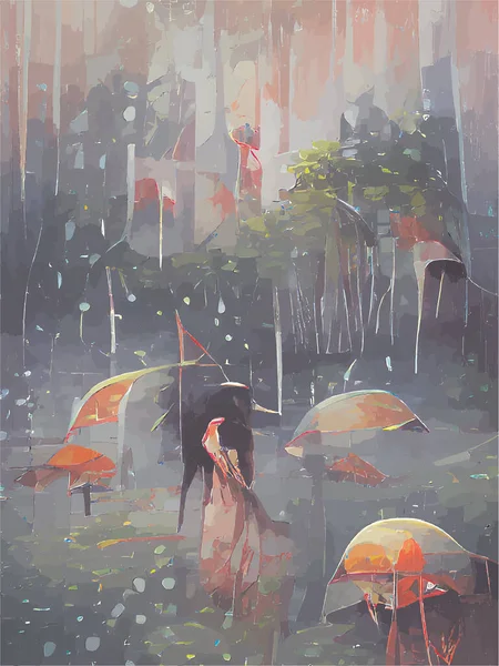 Lukisan Digital Seseorang Dengan Payung Tengah Hujan - Stok Vektor
