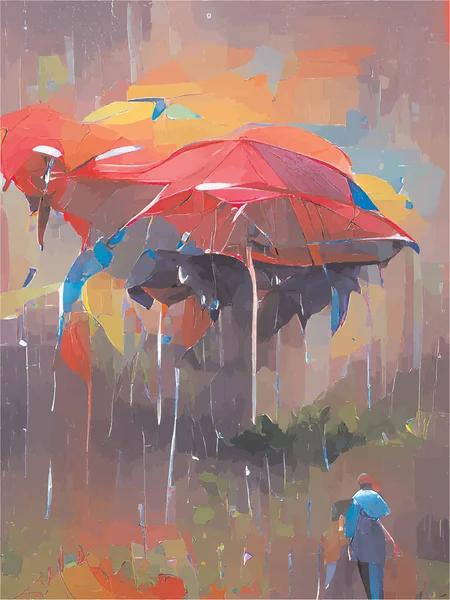 Ψηφιακή Ζωγραφική Ενός Ατόμου Ομπρέλα Στη Βροχή — Διανυσματικό Αρχείο