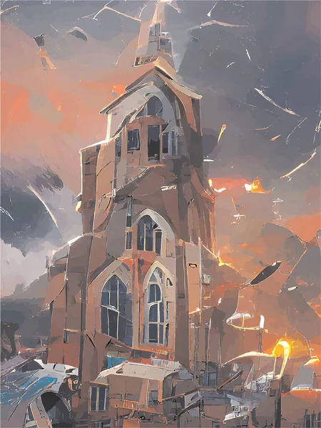 Pintura Una Iglesia Destruida — Vector de stock