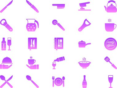 Beyaz arkaplanda mor mutfak simgeleri