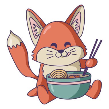 Beyaz arka planda çubuklarla yemek yiyen sevimli bir tilki.