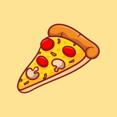 Vector illustration of delicious slice of pepperoni pizza with melted cheese, hand drawn, cartoon, flat, cute