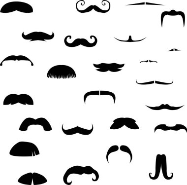 Beyaz arka planda farklı şekilli siyah bıyıklı etiket paketi.