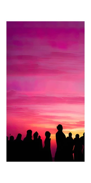 Diseño Vertical Las Siluetas Las Personas Sobre Fondo Del Atardecer — Vector de stock