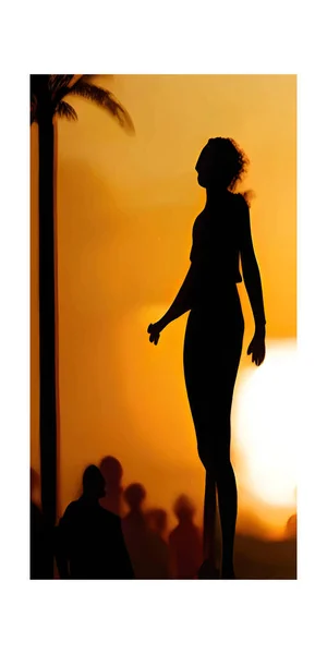 Een Verticaal Ontwerp Van Een Vrouwelijk Silhouet Zonsondergang Achtergrond — Stockvector