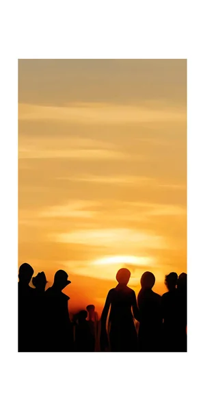 Ein Vertikales Design Von Menschen Silhouetten Auf Sonnenuntergang Hintergrund — Stockvektor