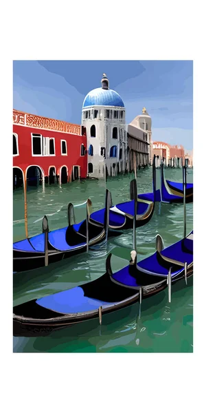 Ένα Κάθετο Σχέδιο Μικρών Γόνδολων Στο Ποτάμι Κτίρια Της Βενετίας — Διανυσματικό Αρχείο