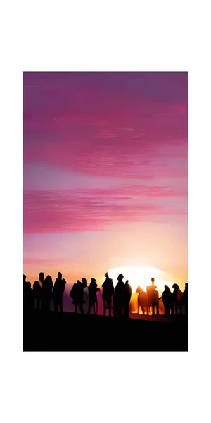 Ein Vertikales Design Von Menschen Silhouetten Auf Sonnenuntergang Hintergrund — Stockvektor