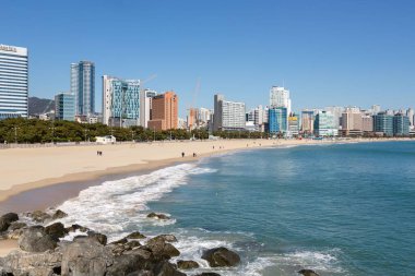 Busan, Güney Kore 'de ziyaretçilerin olduğu kumlu Haeundae Sahili manzarası.