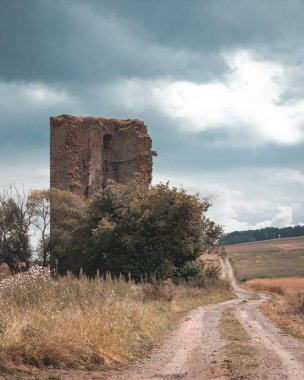 Schlitz, Rhoen, Almanya 'daki Seeburg şatosunun kalıntıları ve tarladaki bir yolun dikey çekimi