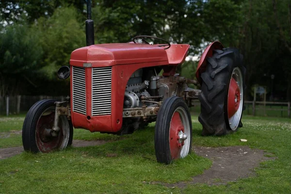 Ein Alter Roter Traktor Auf Einer Grünen Wiese — Stockfoto