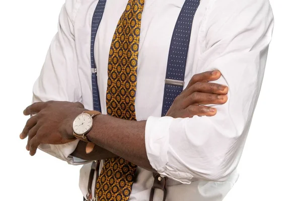 Ένα Διαφυλετικό Αφρικάνικο Αφεντικό Σταυρωμένα Χέρια Λευκό Φόντο — Φωτογραφία Αρχείου